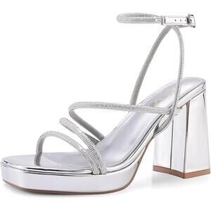 Shoe'N Tale Womens 8 Silver Mirror 4" Platform Heel Open Toe Ankle Strap Shoes